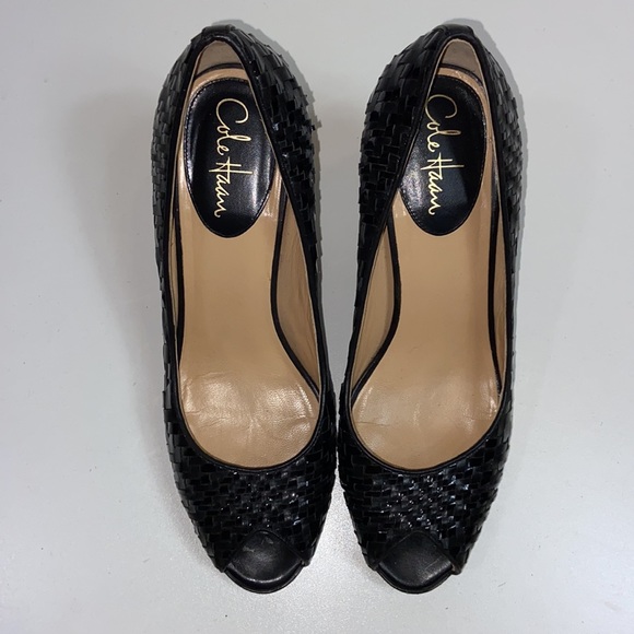 Cole Haan I Black Woven Leather Open Toe Heels 10 - Picture 2 of 8